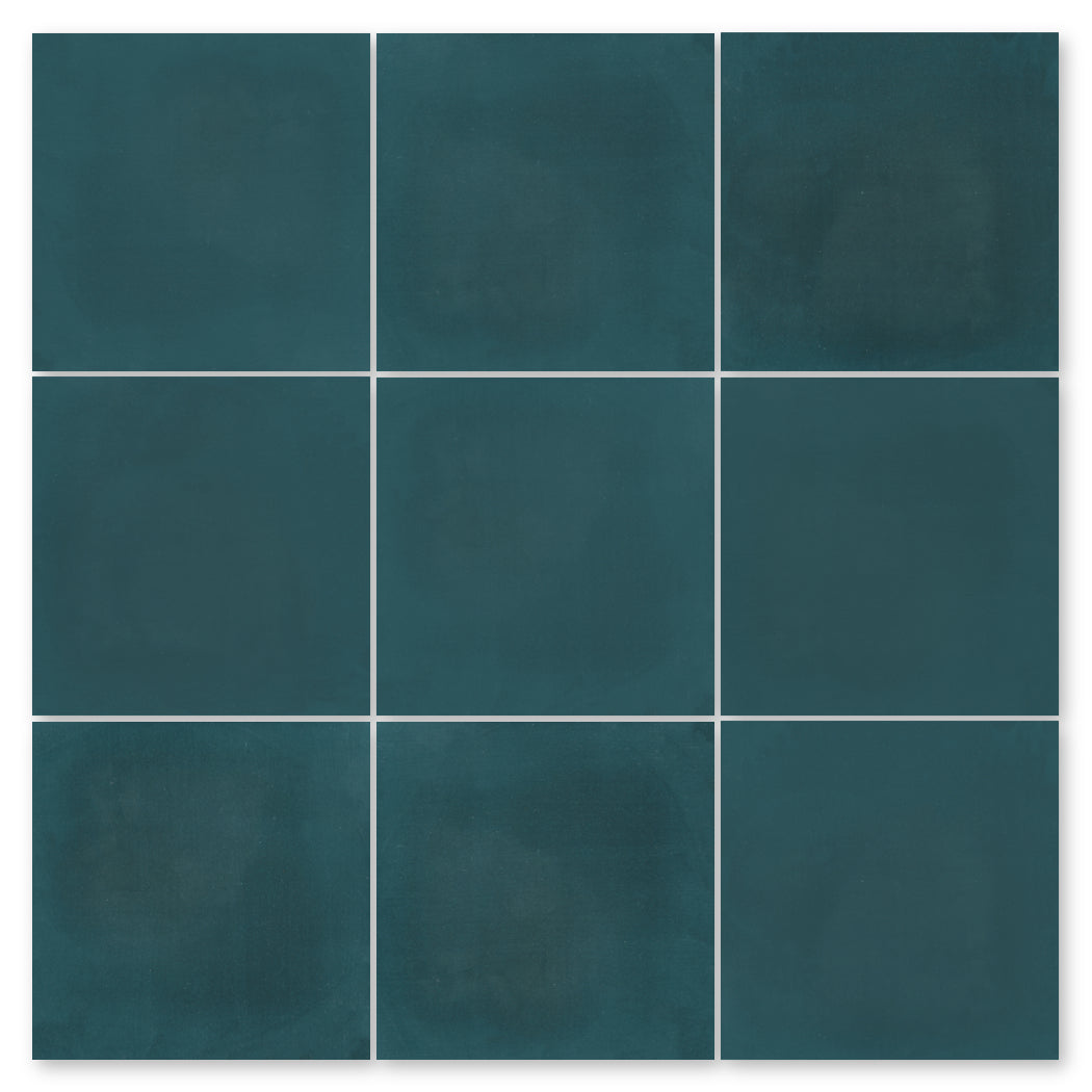Nine 4455-Solid 4x4 teal tiles from New York Cement Tile in a 3x3 grid, each with a matte, handcrafted finish.