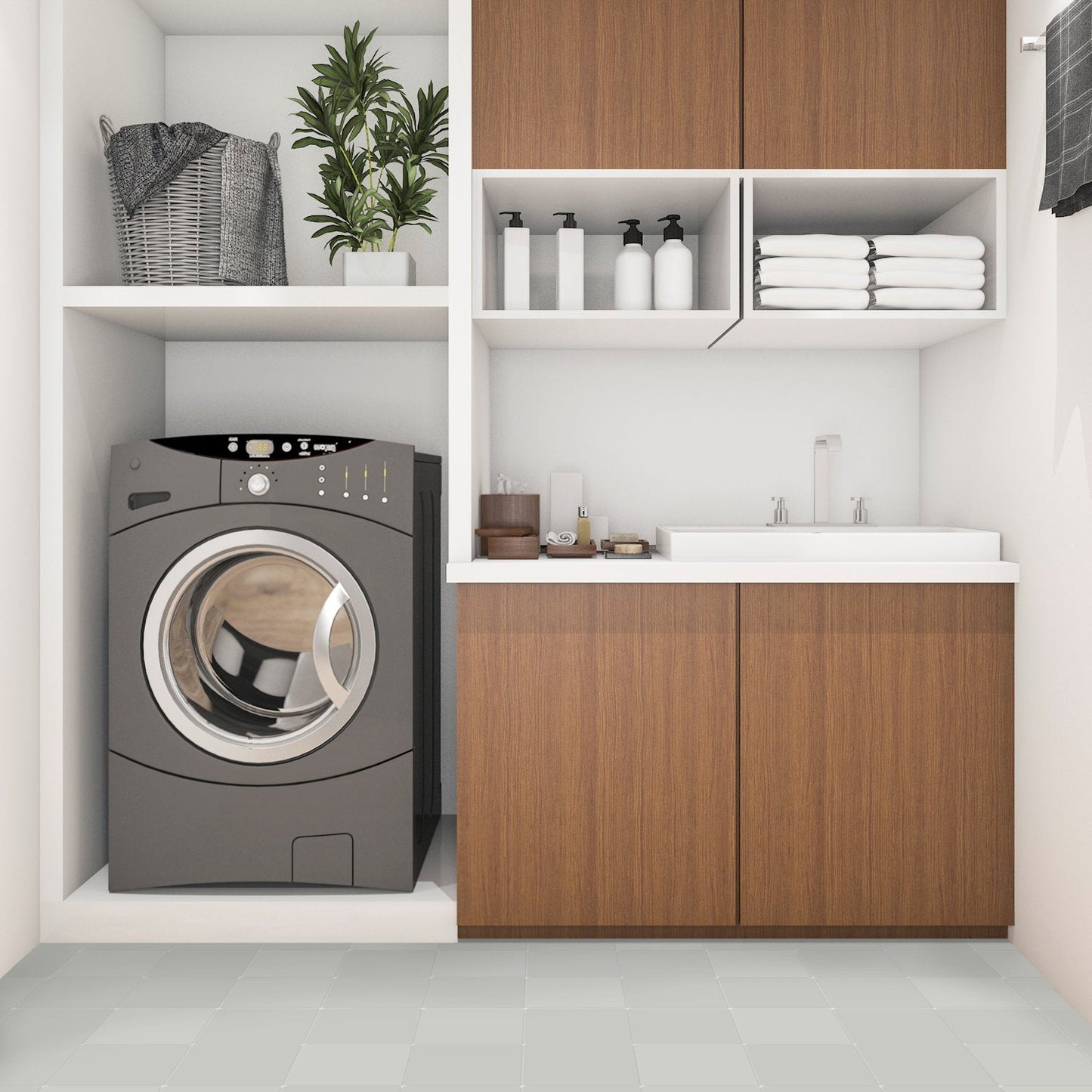 Modern laundry room with a washer, sink, cabinets, and New York Cement Tile 2219-Solid 4x4 tiles for sustainable design.