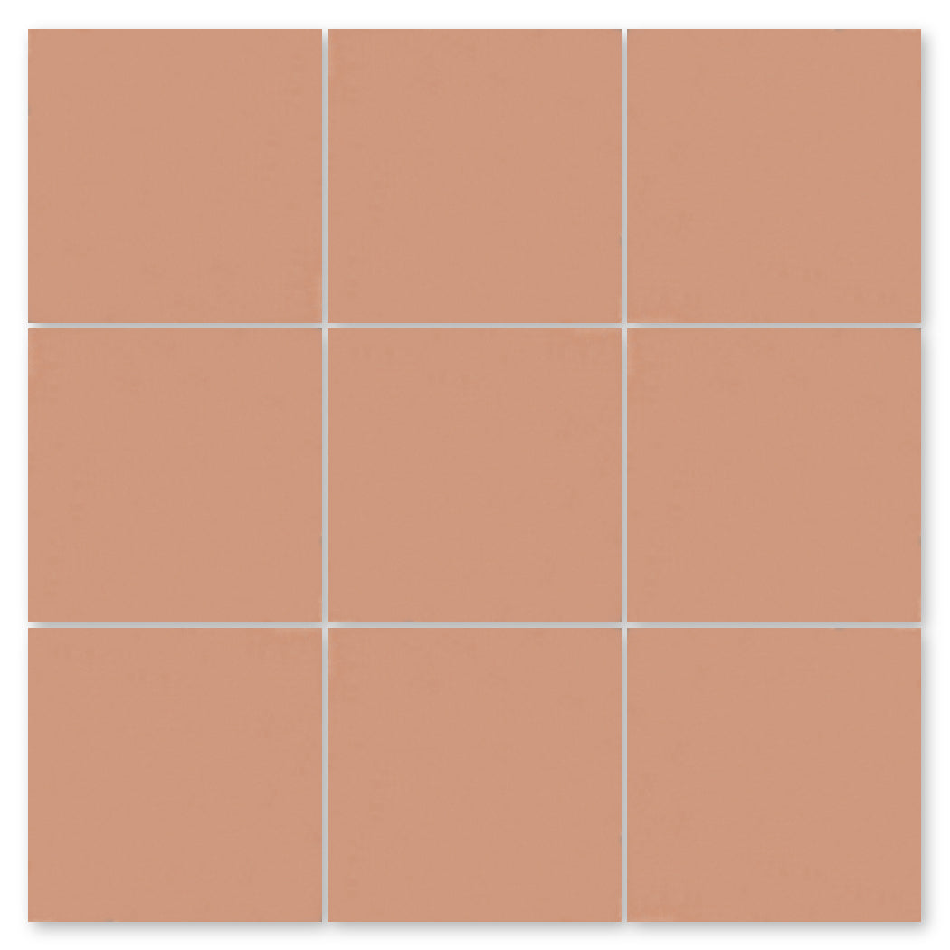 A 3x3 grid of handcrafted terracotta 5515-Solid 8x8 tiles by New York Cement Tile.