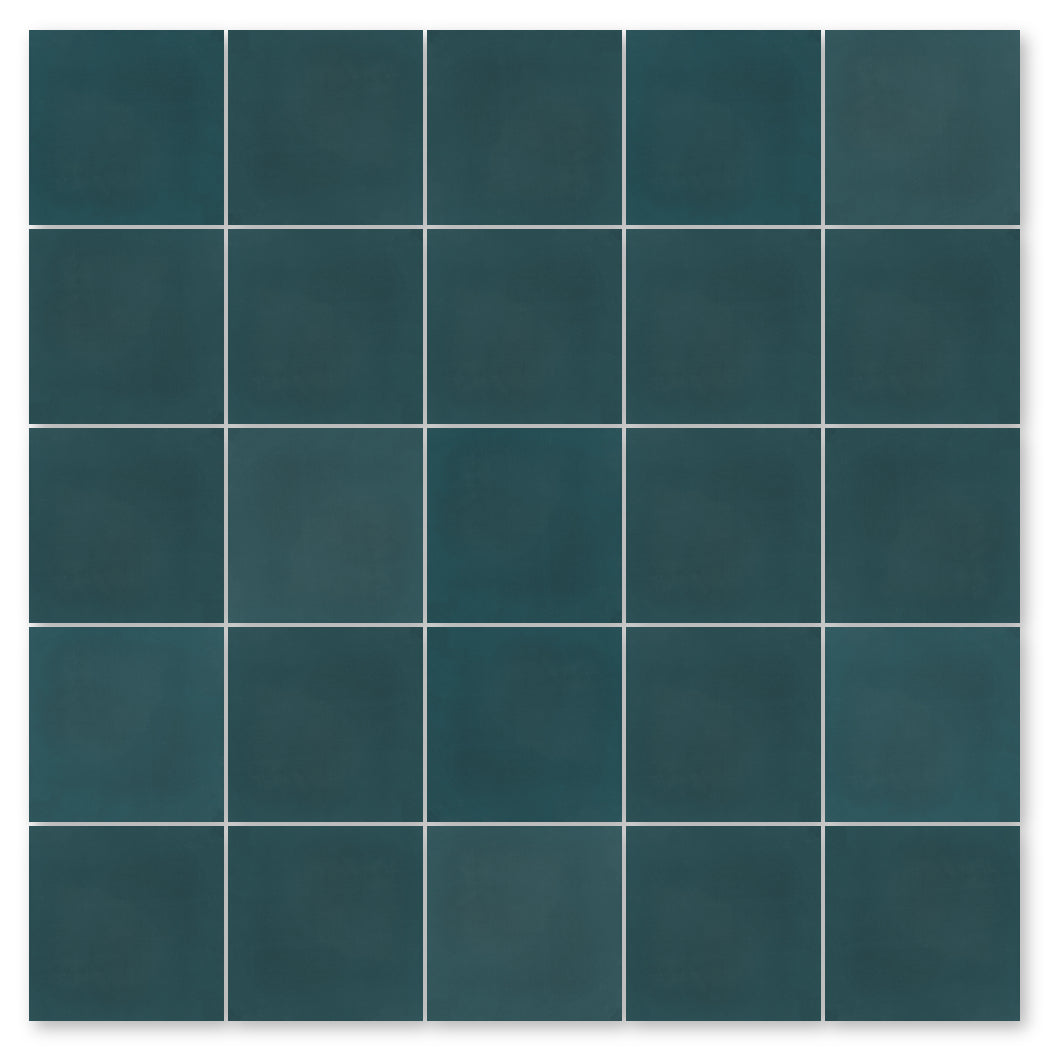 A 6x6 grid of New York Cement Tile 4455-Solid 8x8 dark teal tiles with white grout lines.