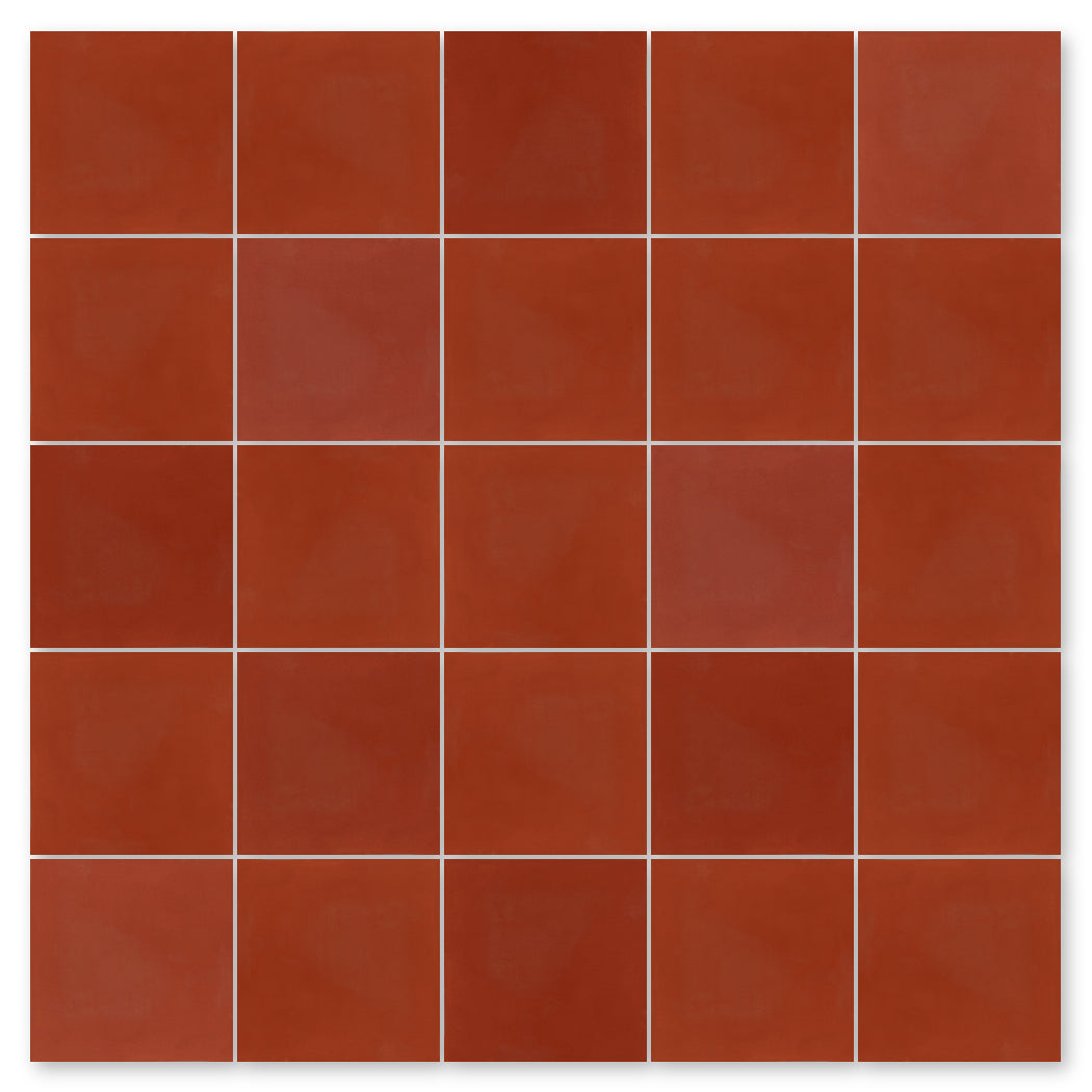 A 5x5 grid of 5503-Solid 4x4 red tiles by New York Cement Tile, with white grout lines, handcrafted.