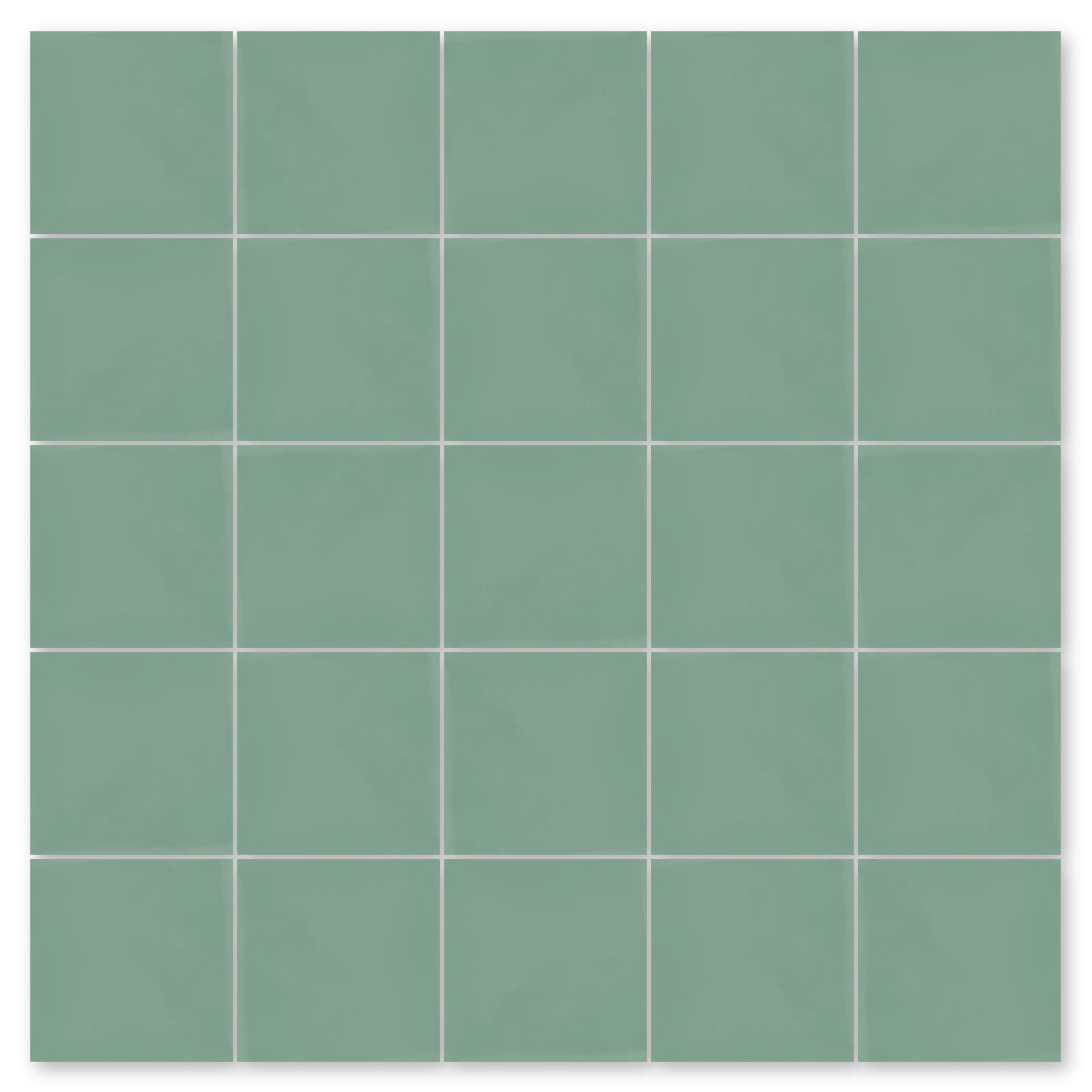 A grid of 36 New York Cement Tile 3327-Solid 4x4 pale green tiles with thin white grout lines.
