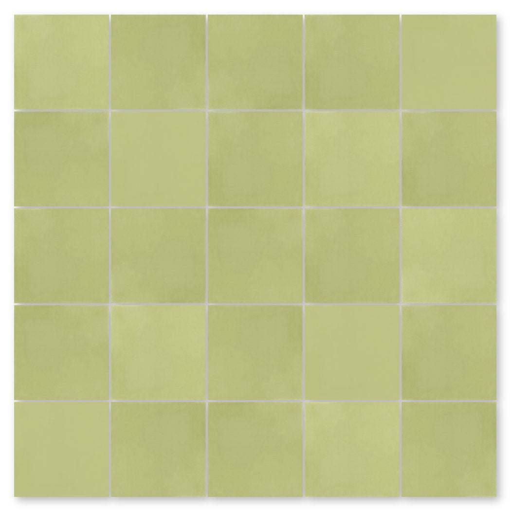 New York Cement Tile 3325-Solid 4x4, Sample: 25 light green handcrafted tiles in a 5x5 grid.