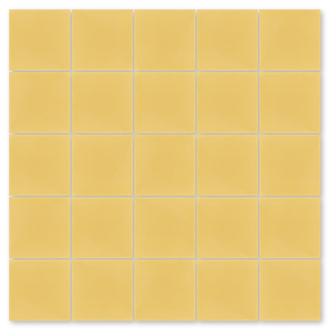A grid of 25 yellow New York Cement Tile 7710-Solid samples in five rows and columns with thin white grout lines.
