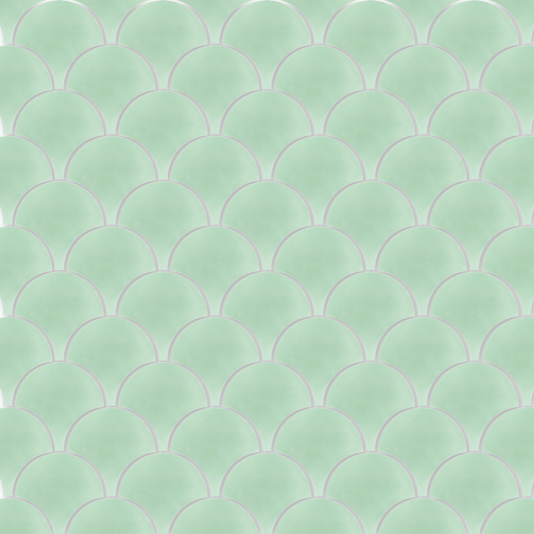 Mint fishscale tiles by New York Cement Tile: pale green, scallop-shaped with thin white outlines. Sample NF20-3300.