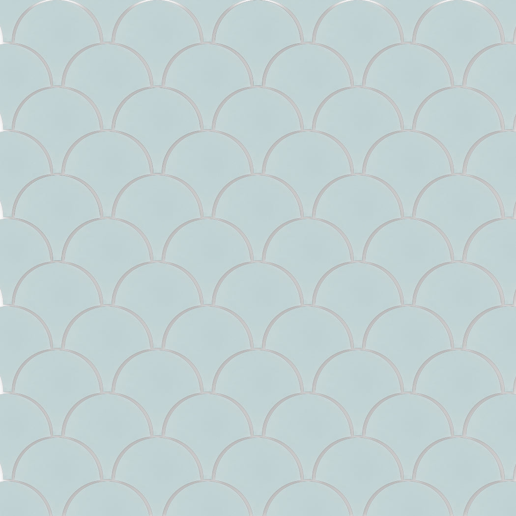 New York Cement Tile's NF20-4400-Fishscale Sample features a light blue scallop pattern with white outlines in overlap.