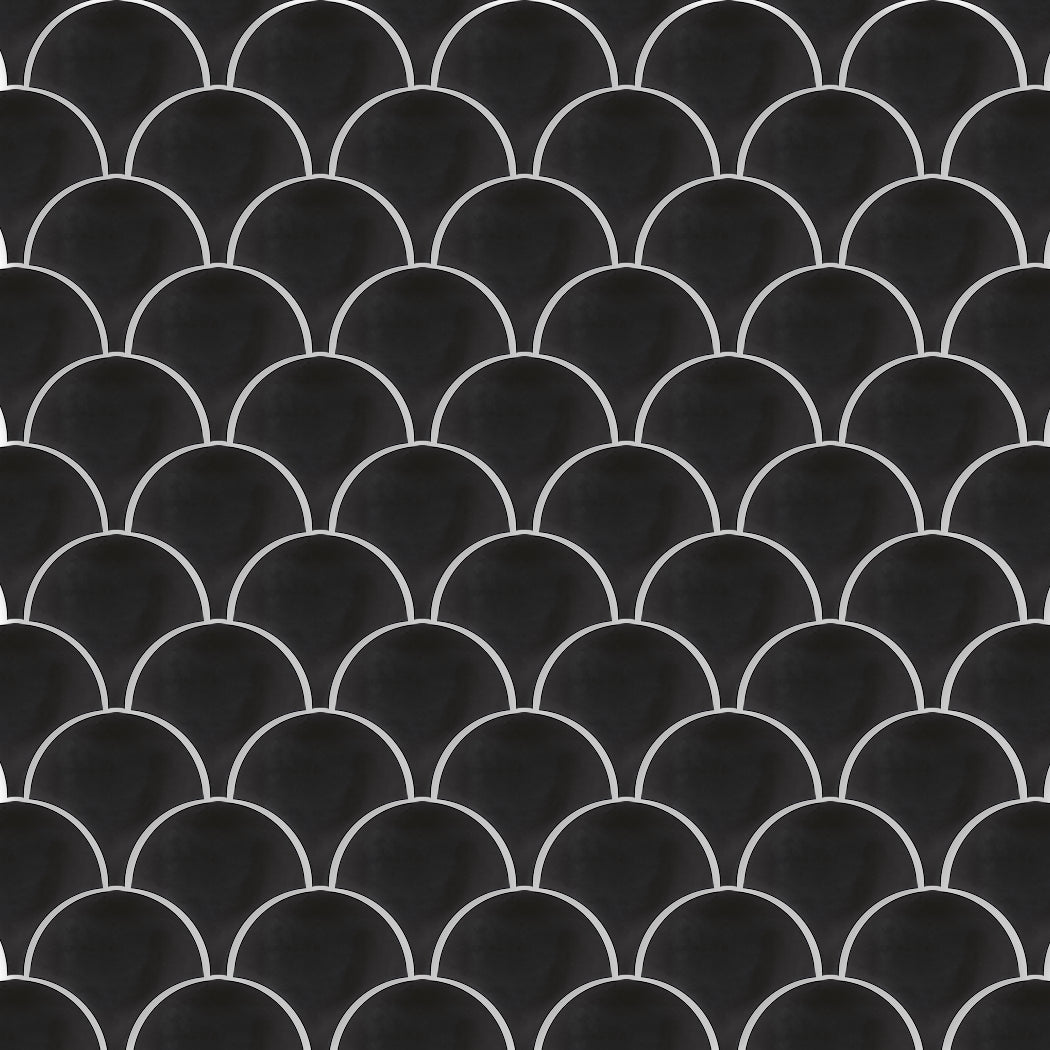 NF20-2200- Black Fishscale by New York Cement Tile: black scallop pattern with white outlines, creating a fish scale effect.