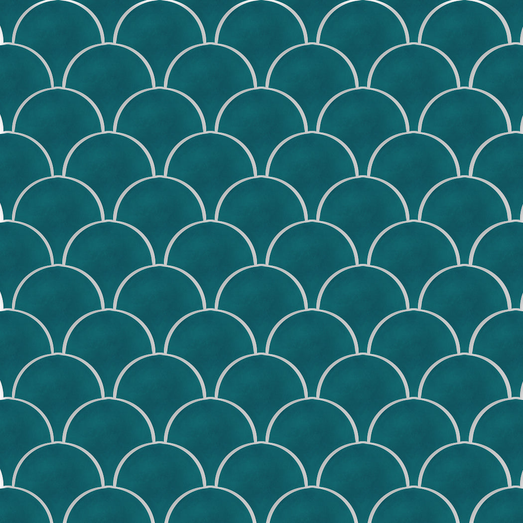 The NF20-4425 Blue Fishscale Sample by New York Cement Tile features a teal scallop shell pattern in a repeating design.