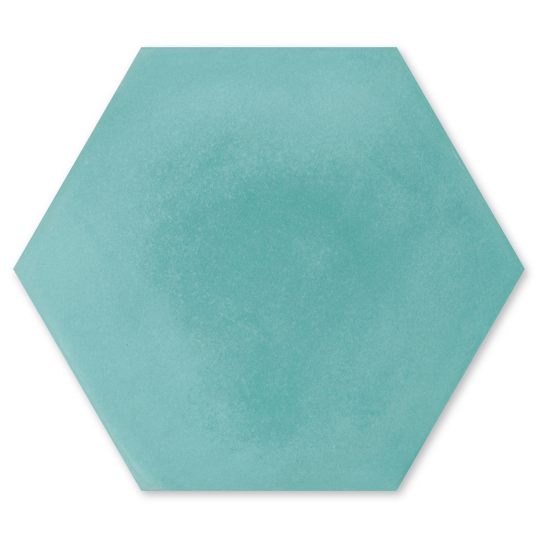 Solid Hex- Island by New York Cement Tile: a teal hexagon cement tile with a soft, mottled texture on white background.