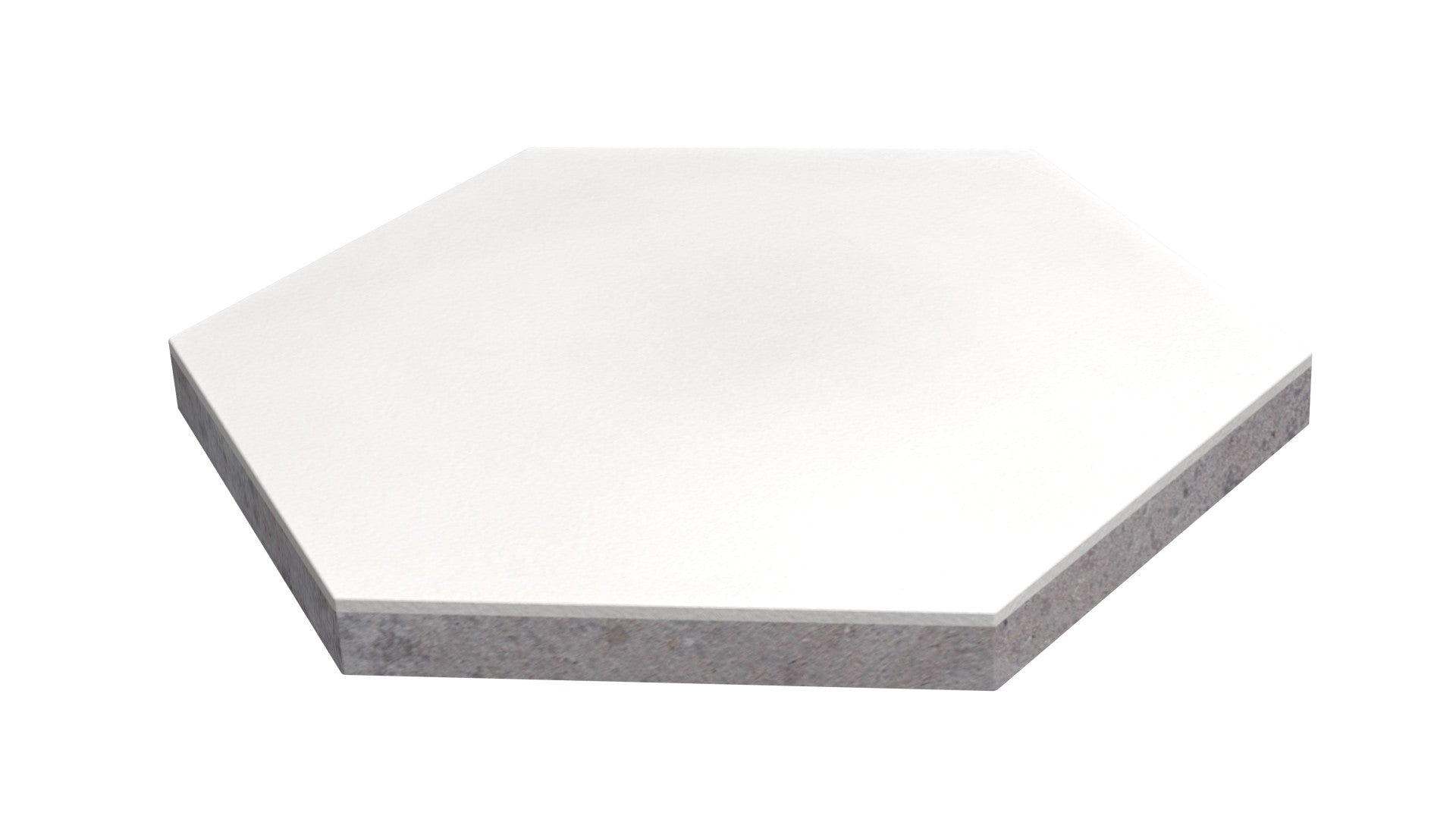 The NH23-2222 Sample by New York Cement Tile is a white, flat hexagonal tile with gray edges on a white background.