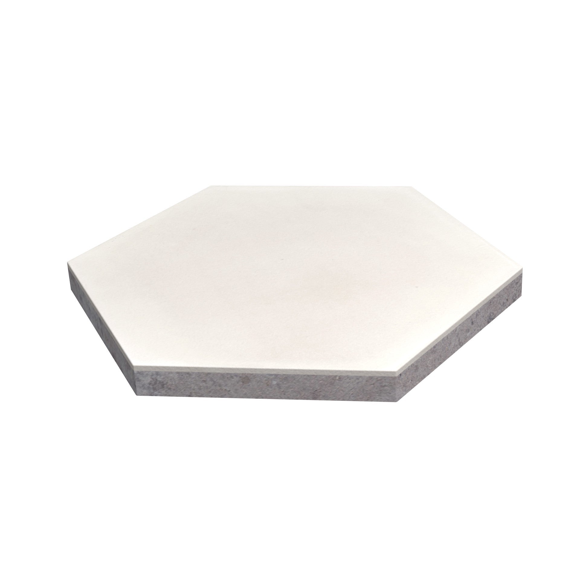 A single NH23-1105 sample from New York Cement Tile, white hexagon with beveled edge, shown on a white background.