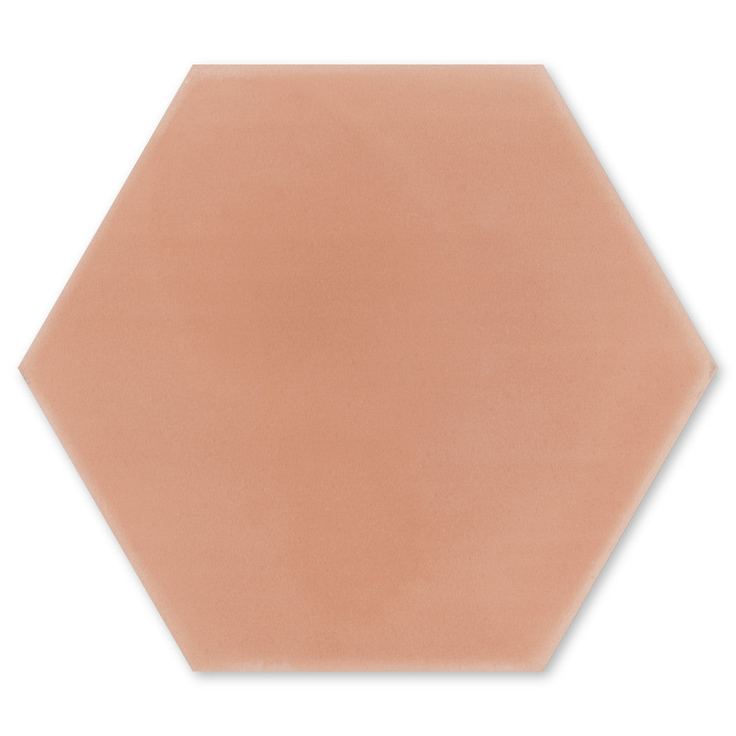 Solid Hex-Coral by New York Cement Tile: handcrafted, smooth hexagonal terracotta tile shown on a white background.