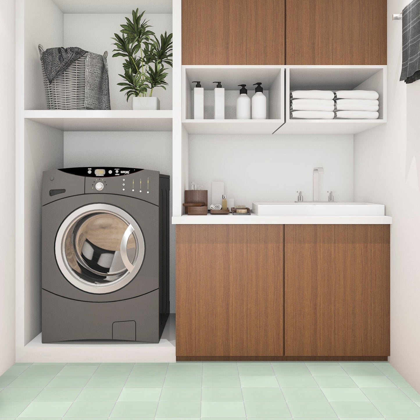 Modern laundry room with New York Cement Tile 3300-Solid Light Green 4x4, front-load washer, wood cabinets, and shelves.