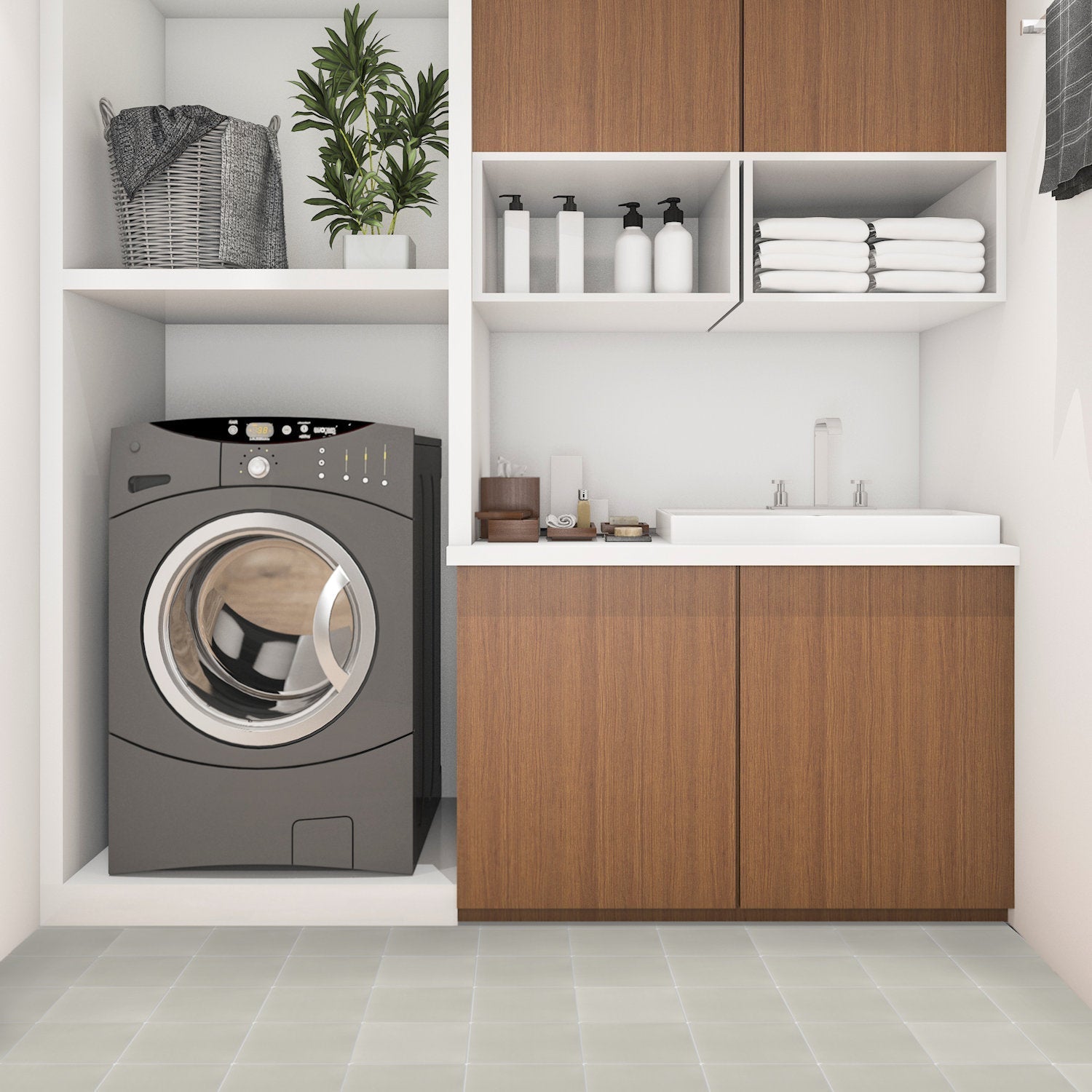 Modern laundry room with a front-load washer, wood cabinets, open shelves, and 2201-Solid 4X4 tile by New York Cement Tile.