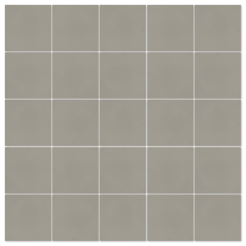 A grid of 25 New York Cement Tile 2215-Solid 4x4 samples in light gray, arranged in five rows and five columns.