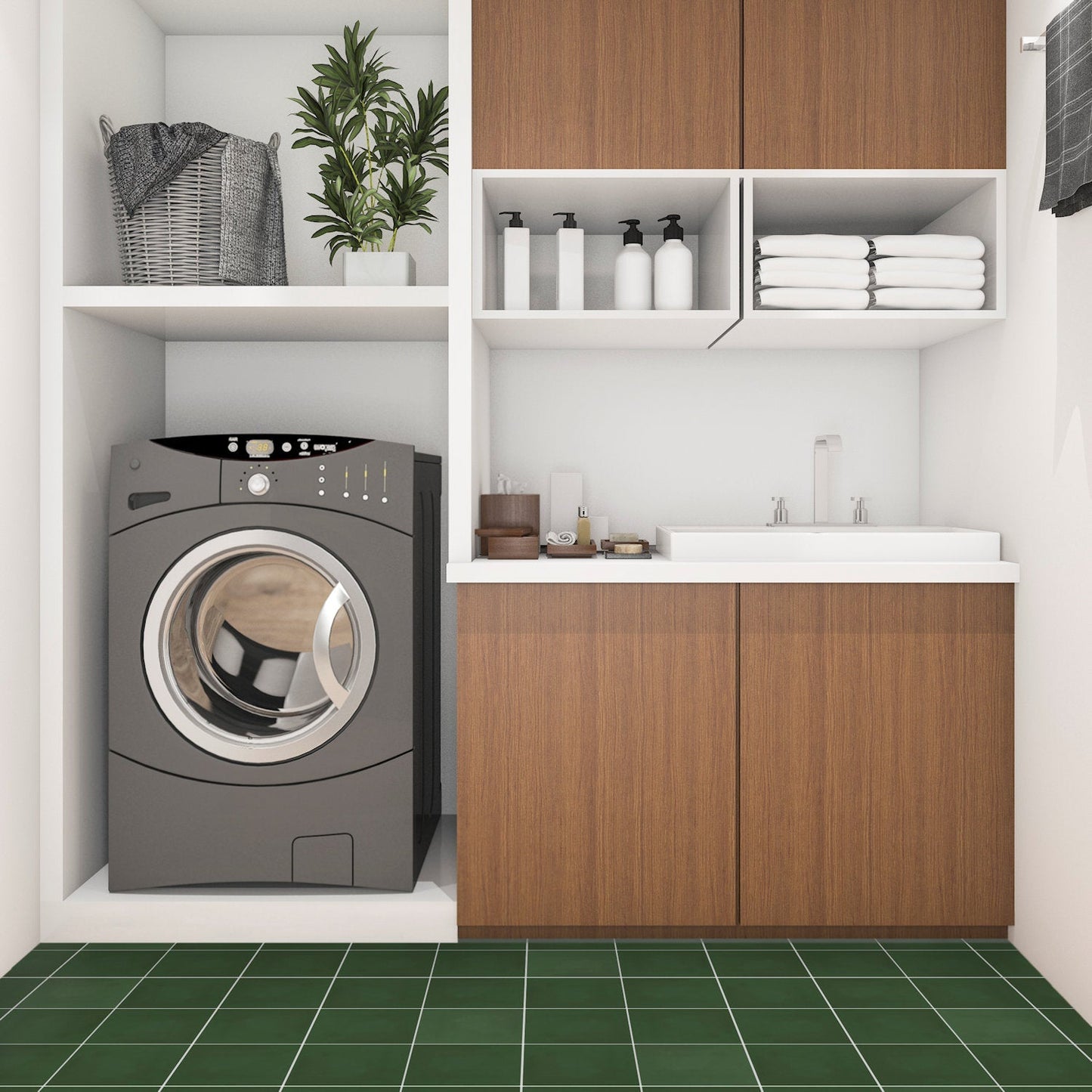 Modern laundry room with washer, sink, wood cabinets, and 3314-Solid 4x4 tiles by New York Cement Tile for the floor.