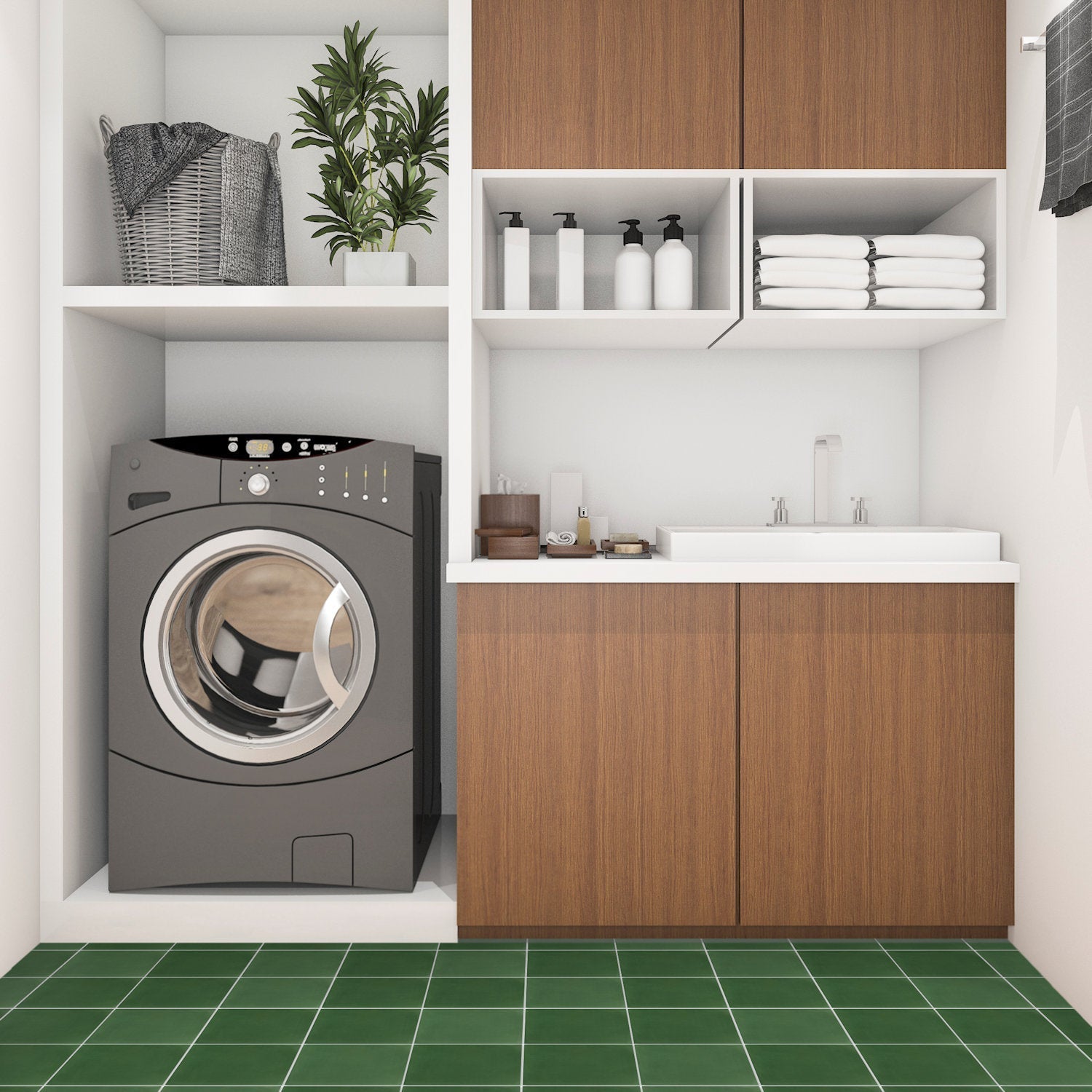 Modern laundry room featuring New York Cement Tile 3343-Solid 8x8 flooring, washer, sink, wood cabinets, and shelves.
