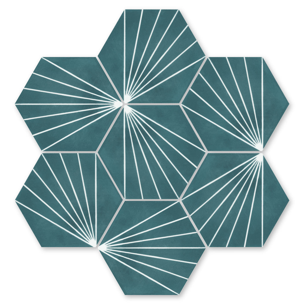 Six teal hexagons with white lines form a geometric pattern on NH23-036 - 4455, New York Cement Tile Sample.