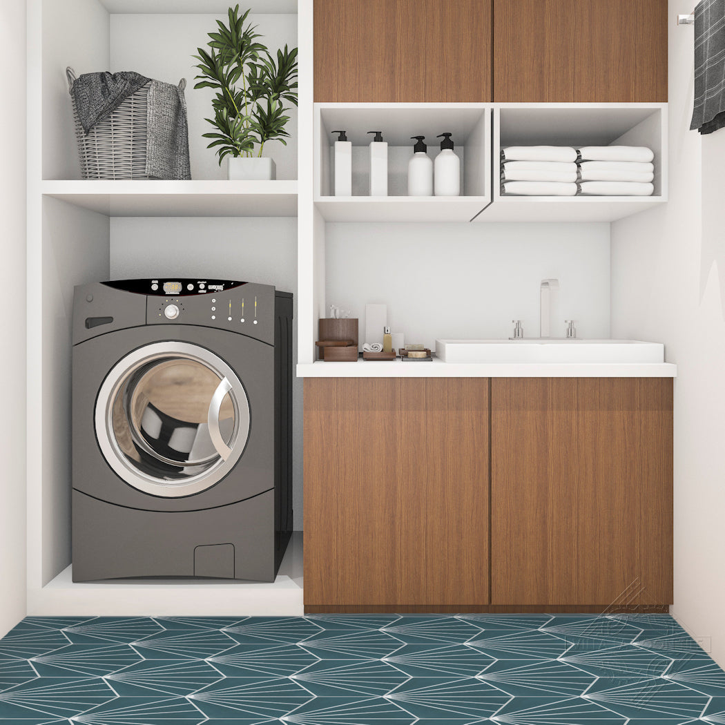 Modern laundry room with a washer, sink, brown cabinets, and NH23-036 - 4455 geometric blue floor by New York Cement Tile.