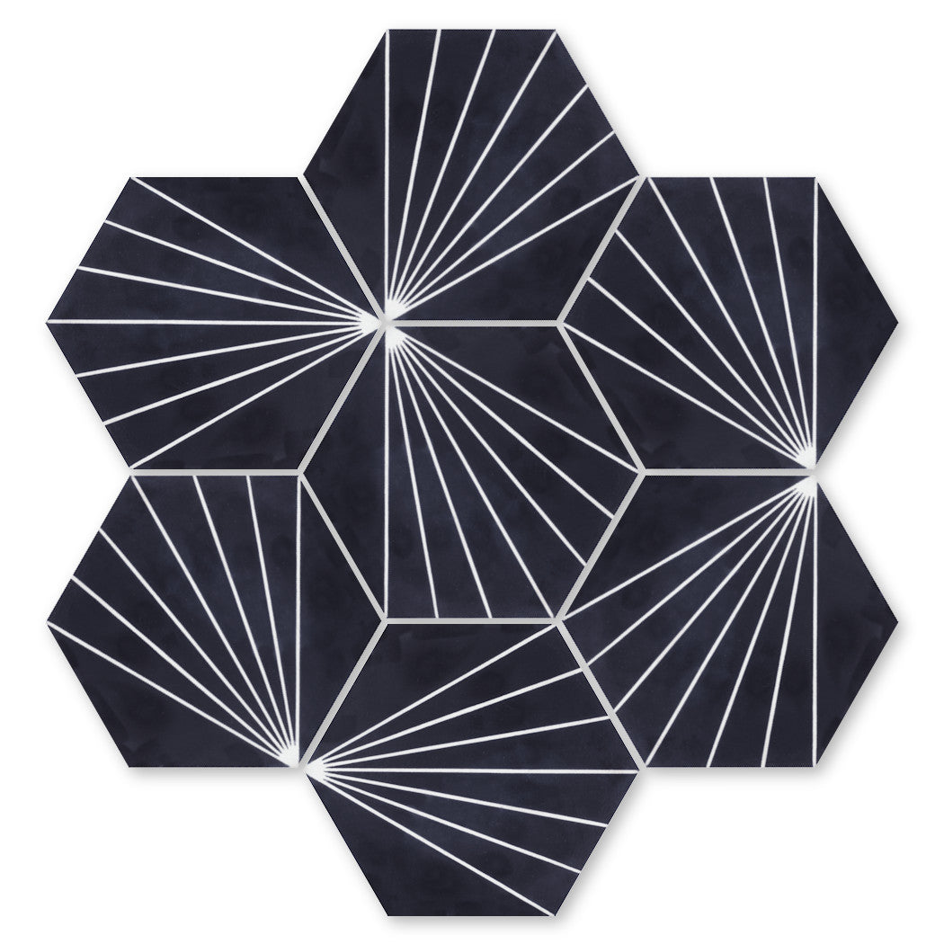 NH23-036 Black by New York Cement Tile features six black hexagons with white lines, perfect for slip-resistant tile designs.