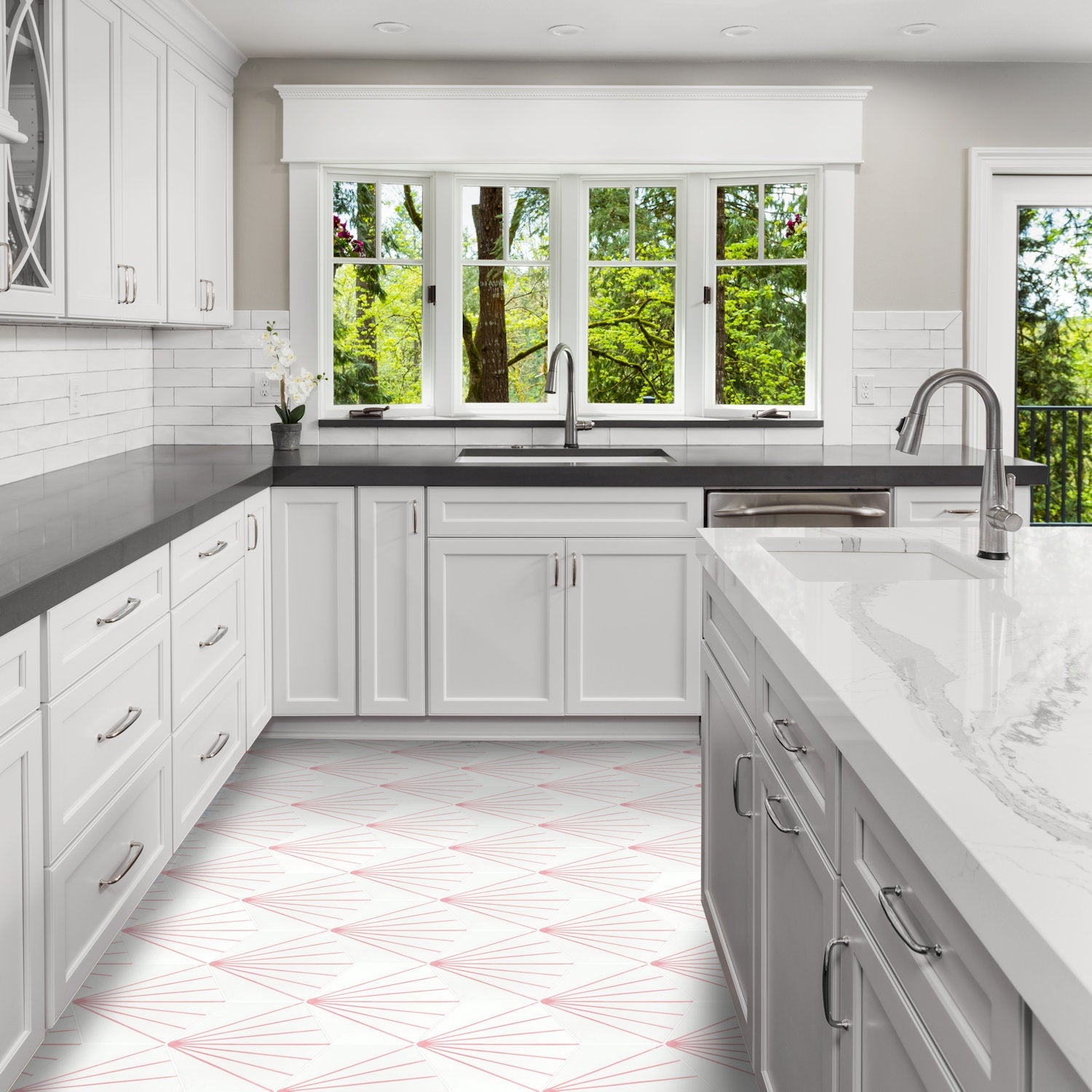 Bright kitchen with white cabinets, gray counters, large windows & NH23-036 - 5512 floor tiles by New York Cement Tile.