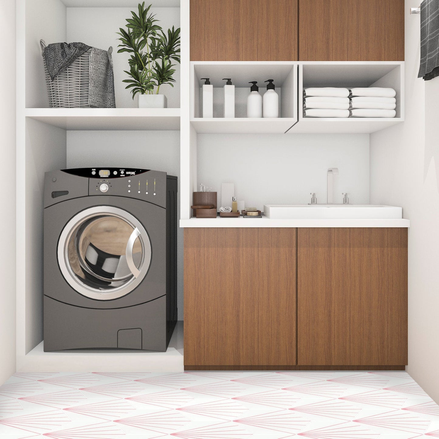 Modern laundry room featuring New York Cement Tile NH23-036 - 5512, front-load washer, sink, shelves, and brown cabinets.