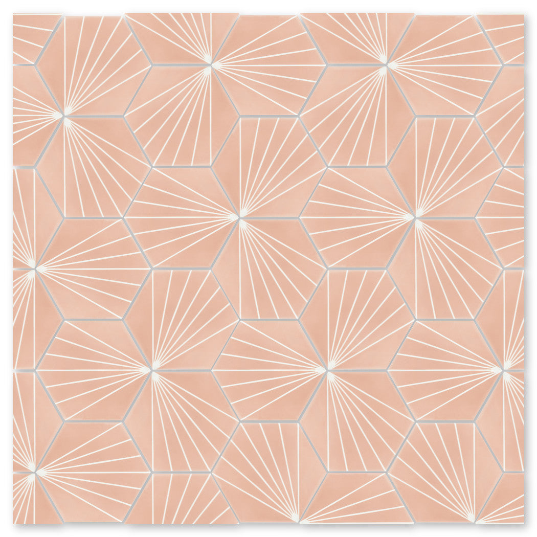 NH23-036 - 5505, Sample by New York Cement Tile: Peach hexagons & white lines form starburst geometric tile pattern.
