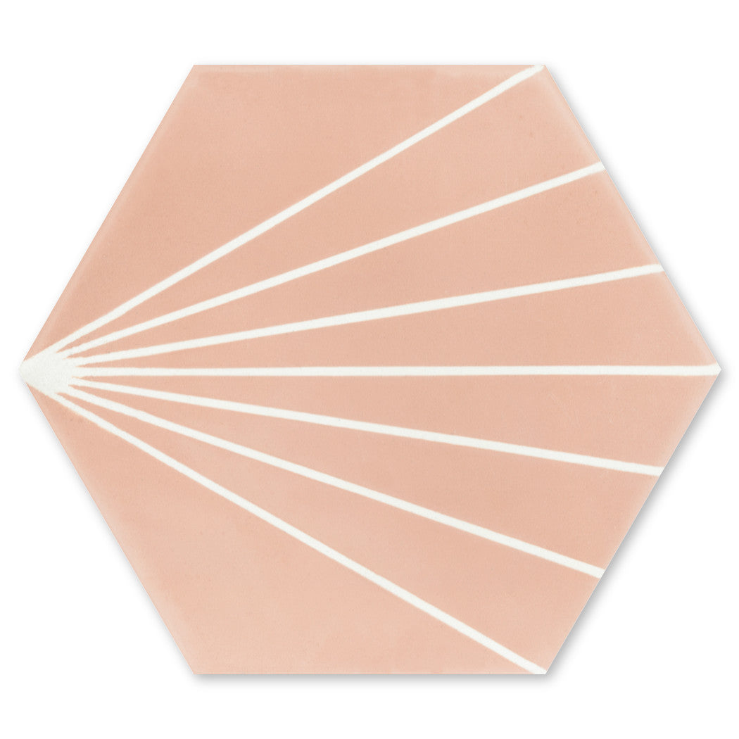 NH23-036 - 5505 by New York Cement Tile: Hexagonal pink tile with white sunray lines from one corner. Sample available.