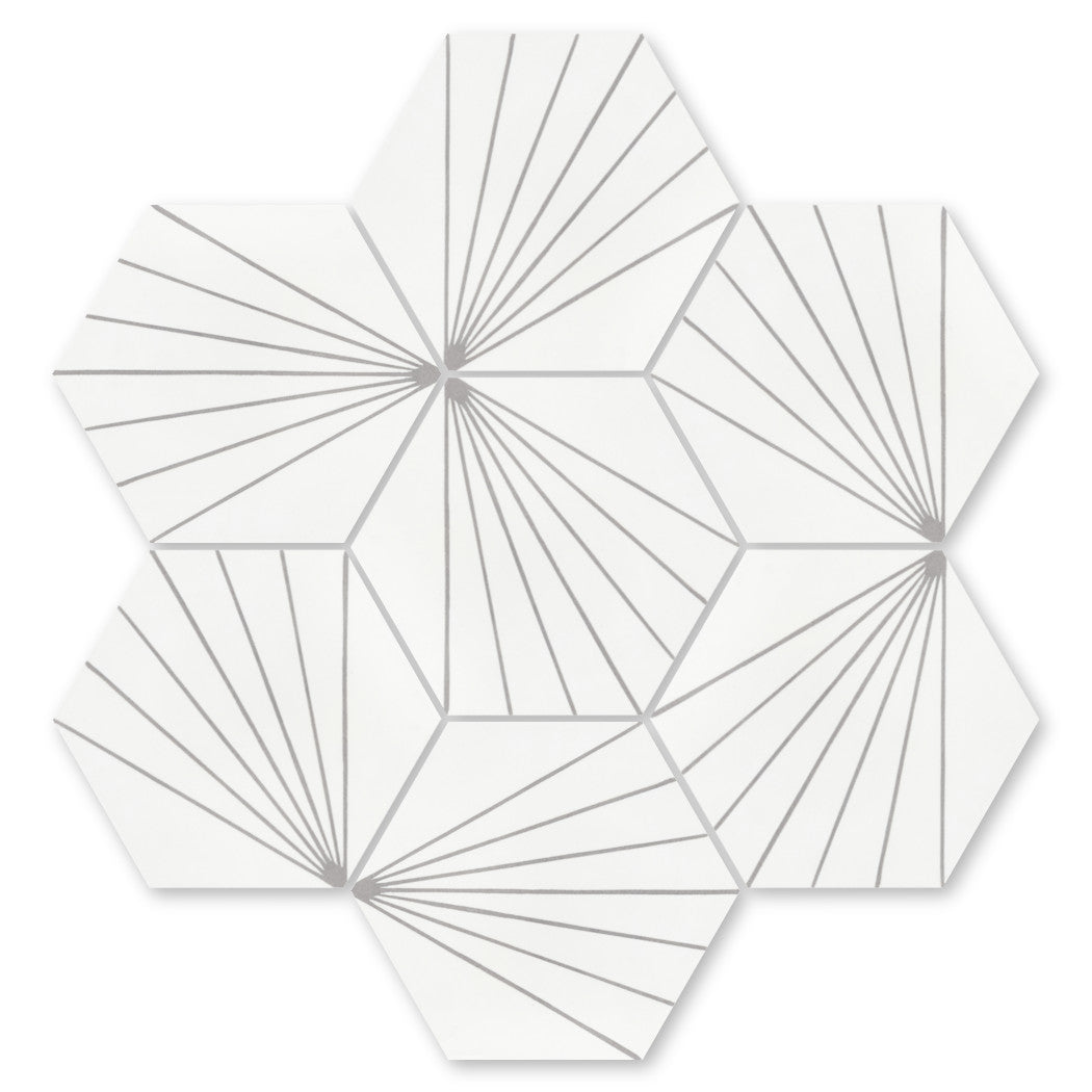 NH23-036 - W&G2219 by New York Cement Tile features slip-resistant, geometric hex tiles with thin gray lines.