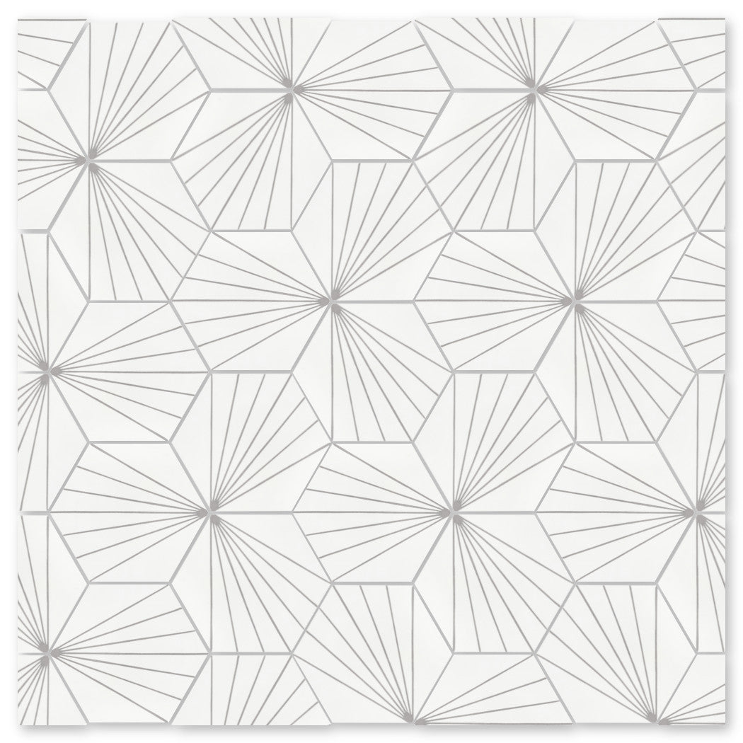 New York Cement Tile NH23-036 - W&G2219 sample: white background with thin gray geometric, fan-like polygonal lines.