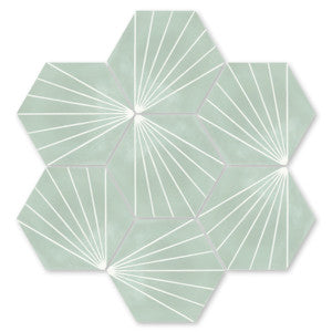 The NH23-036 - 3331 by New York Cement Tile features pale green hex tiles with white lines in a geometric floral design.