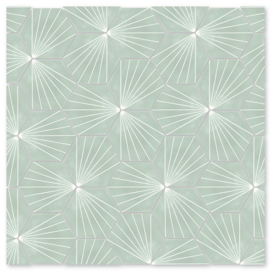 NH23-036 - 3331 by New York Cement Tile: mint green pentagons & white lines in a modern, abstract tile-inspired design.