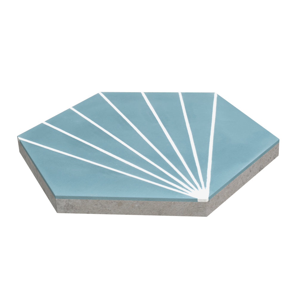 New York Cement Tile NH23-036 - 4401: blue hex tile with white fan lines radiating from one corner. Sample available.