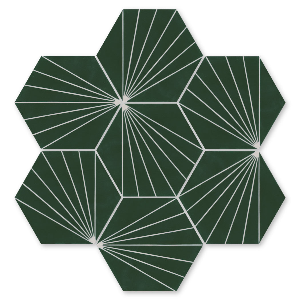 Six NH23-036 tiles by New York Cement Tile feature green hexagons with white lines, showcasing unique handcrafted artistry.