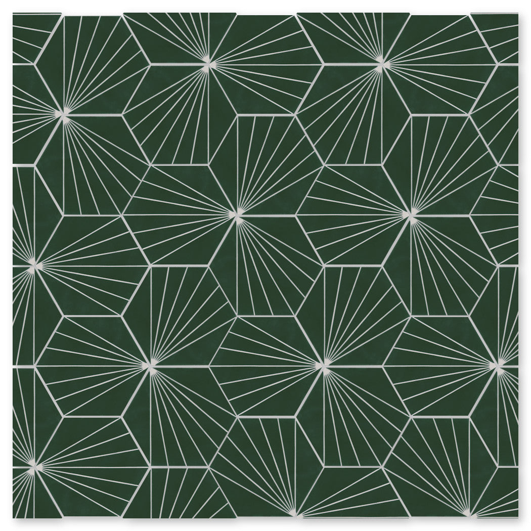 NH23-036 - 3314 by New York Cement Tile features white starburst lines on dark green, inspired by handcrafted tiles.