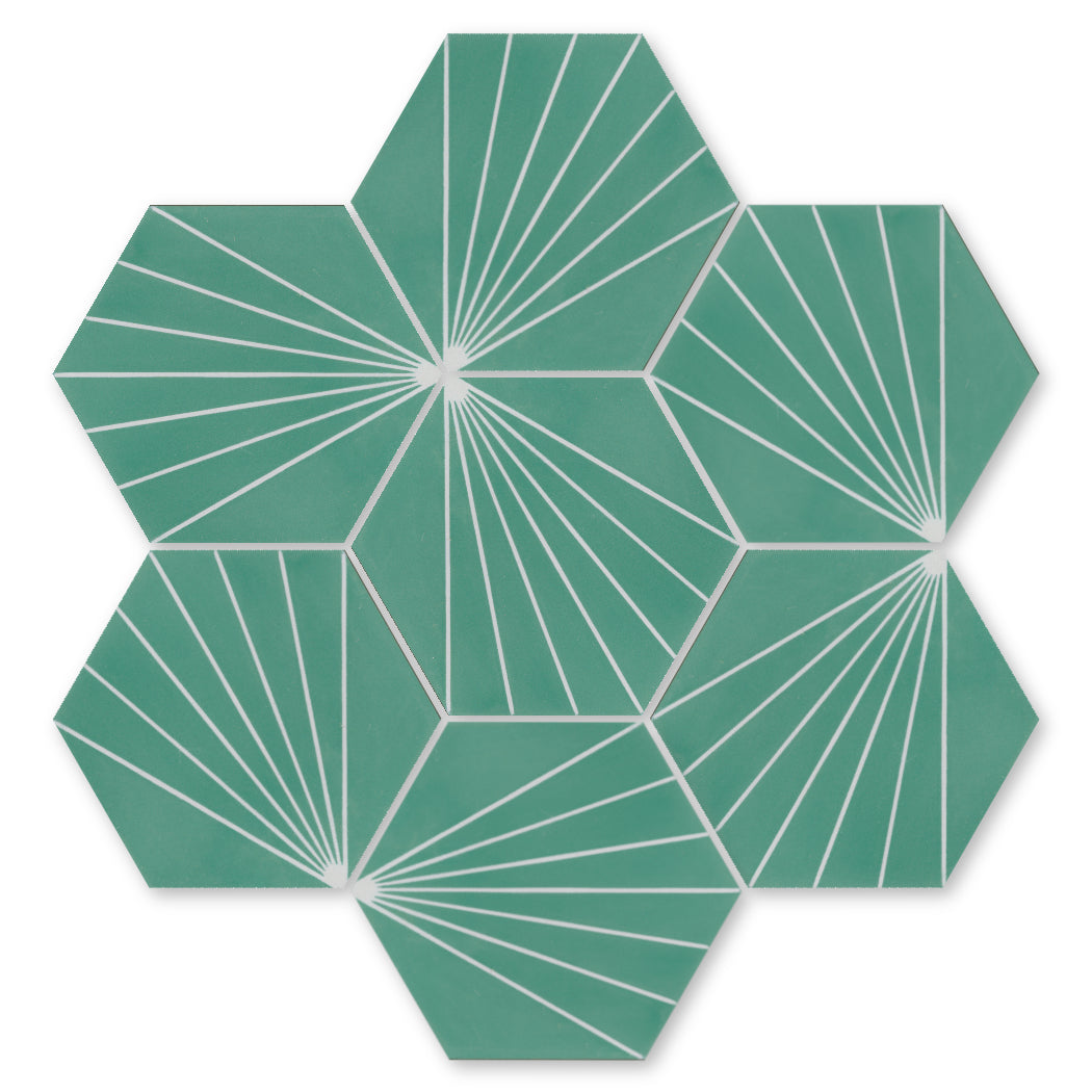The NH23-036 - 4464 by New York Cement Tile features six green hexagon tiles with white lines in a flower-like pattern.
