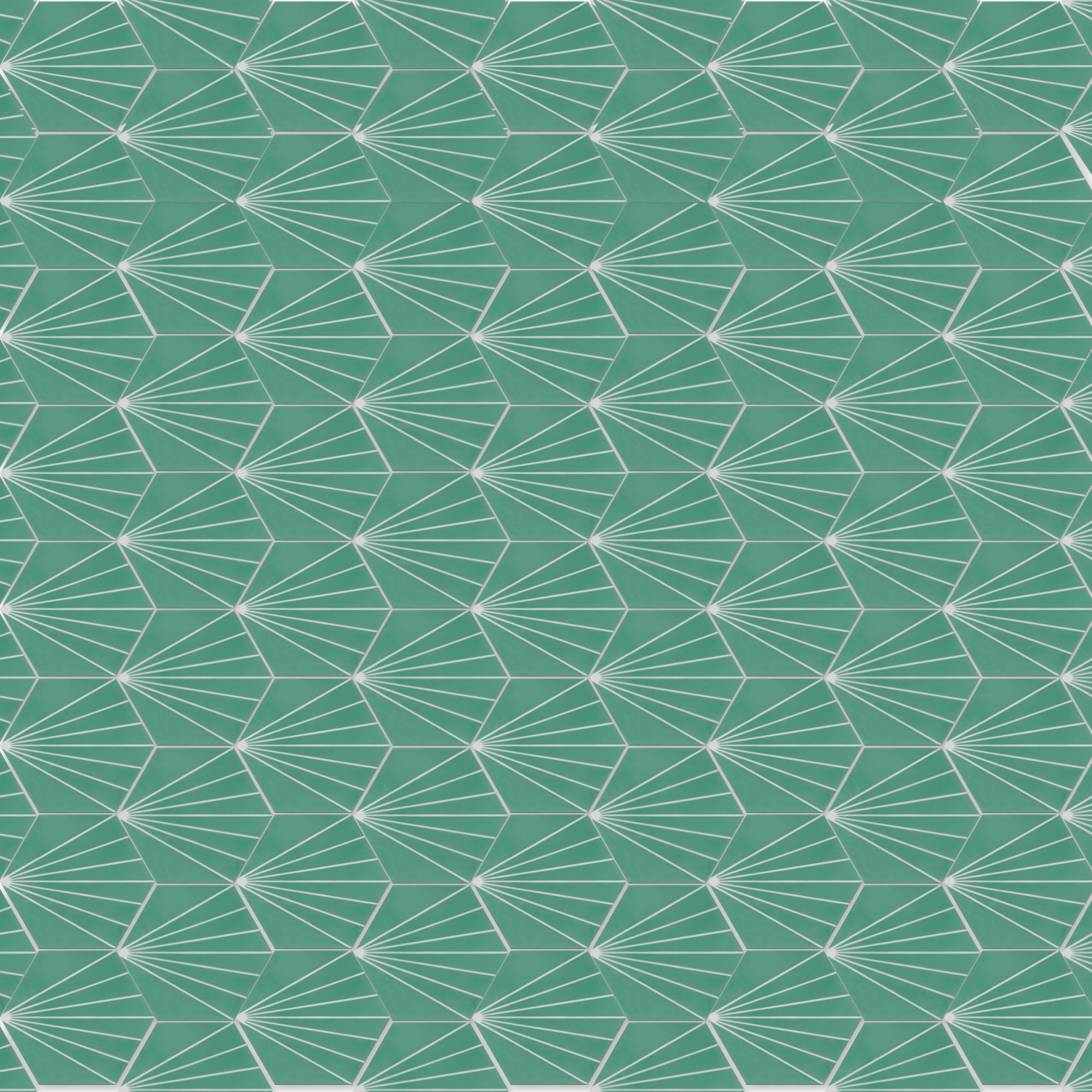 NH23-036 - 4464 by New York Cement Tile: teal geometric pattern with white pentagons, inspired by handcrafted tiles.