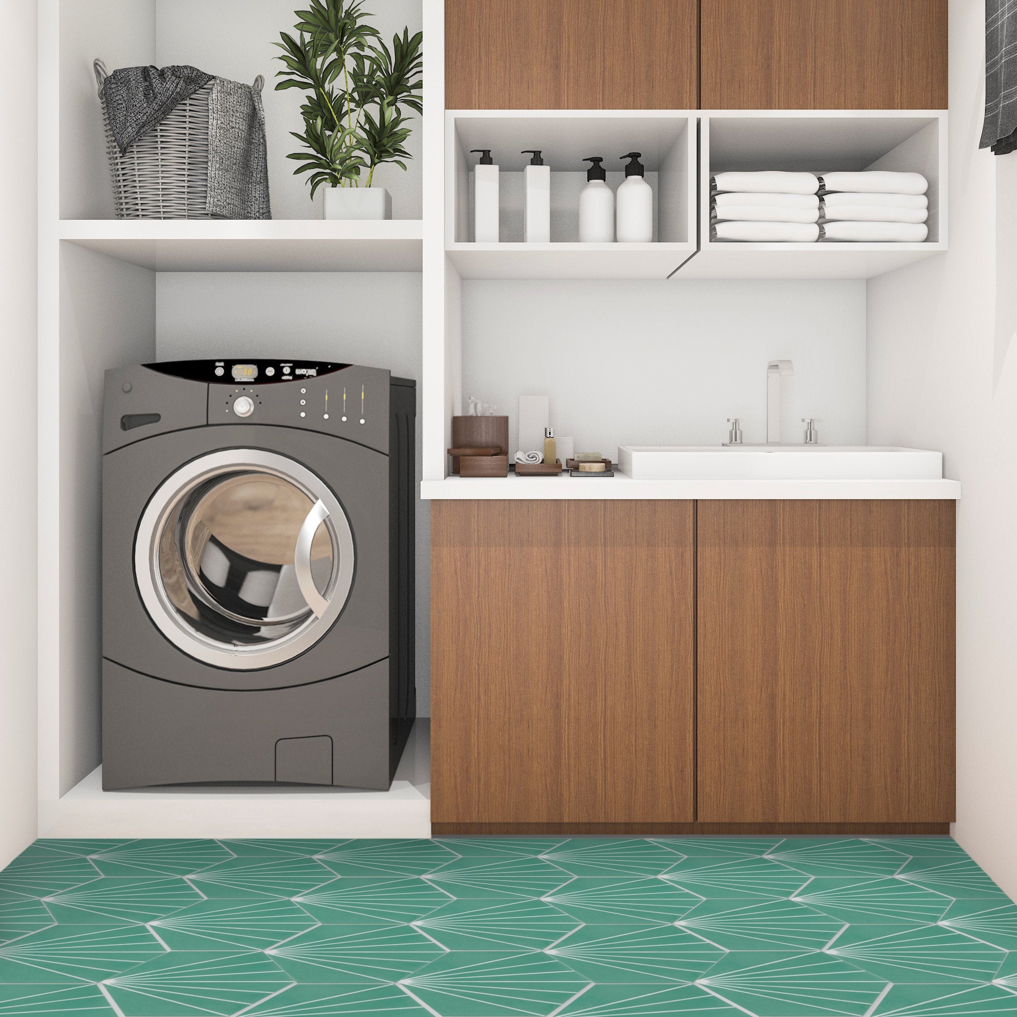 Modern laundry room with washer, sink, wood cabinets, shelves, and NH23-036 - 4464 floor tiles by New York Cement Tile.