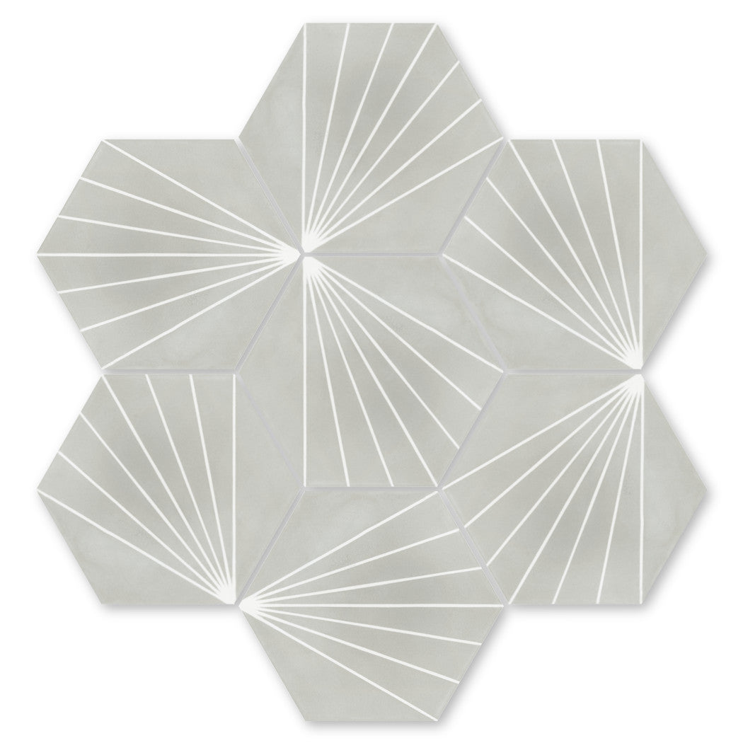 Six NH23-036 -G&W2219 tiles by New York Cement Tile form a geometric, symmetrical light gray and white pattern.