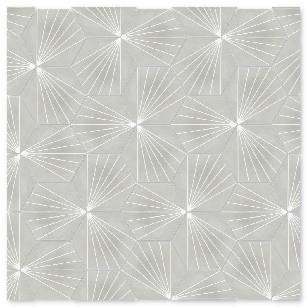 NH23-036 -G&W2219 by New York Cement Tile: Light gray pentagons, white lines, hexagon-inspired cement tile pattern.