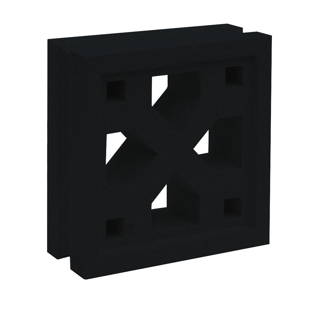 The Tahiti - NBB-003 by New York Cement Tile is a black, square breeze block with a cross and diamond cut-out pattern.