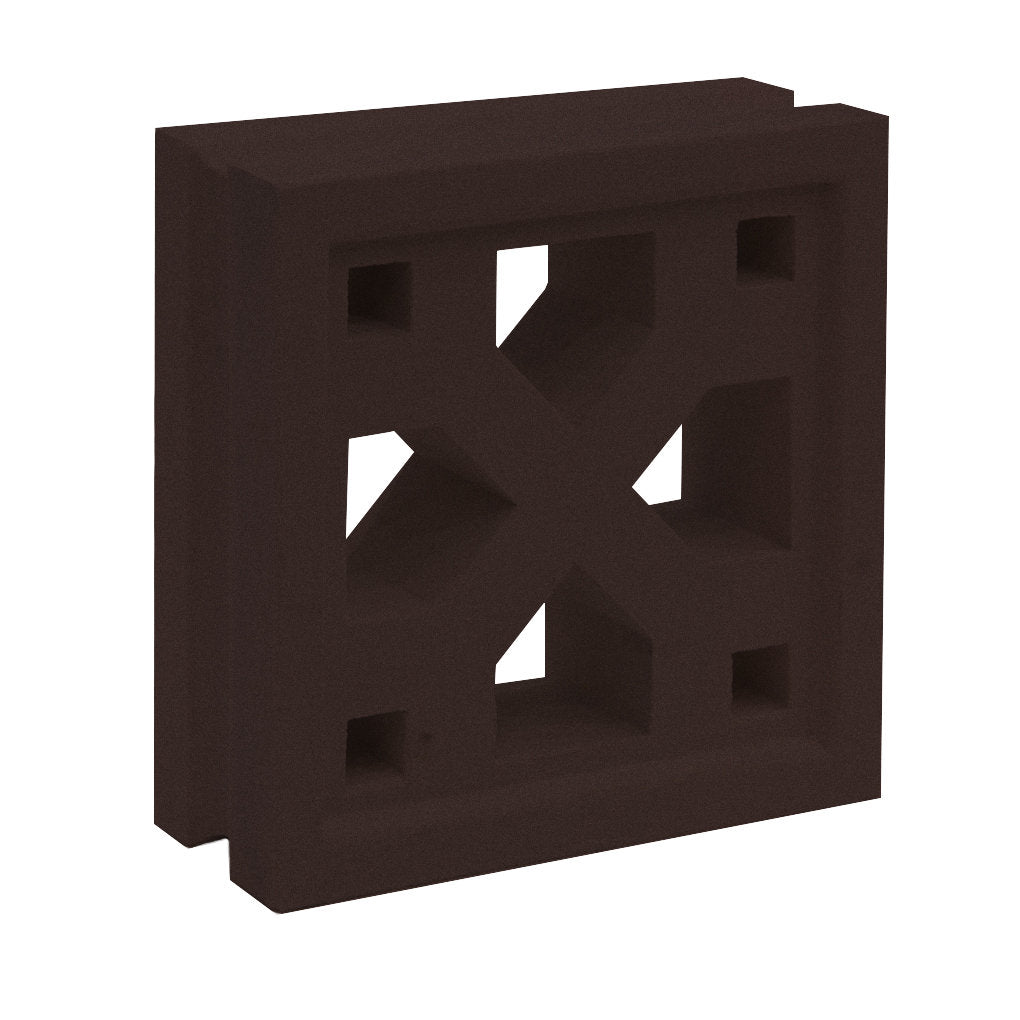 The Tahit by New York Cement Tile is a brown breeze block with an X cutout, ideal for mid-century modern partitions.