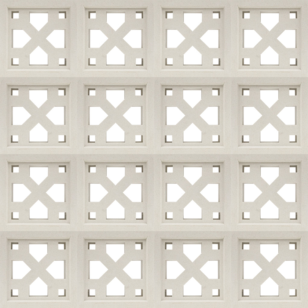 The Tahit breeze block by New York Cement Tile features square cutouts and X-patterns for a mid-century modern look.