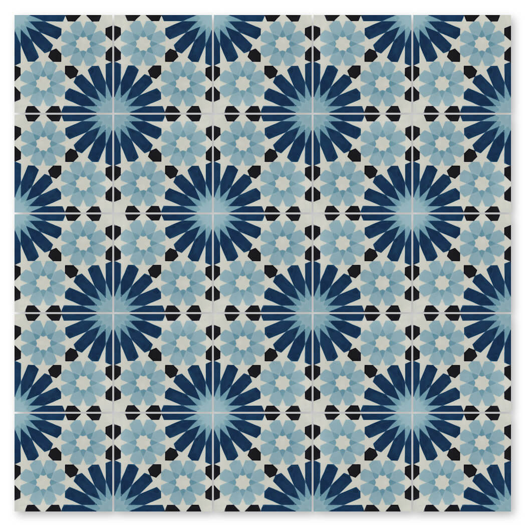 N20-029 Blue by New York Cement Tile: durable flooring with blue geometric starburst and interlocking floral patterns.