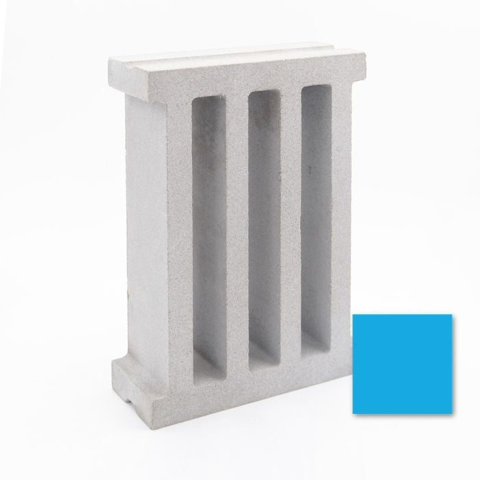 The Taz Sample by New York Cement Tile, a gray breeze block, is beside a small blue square on a white background.