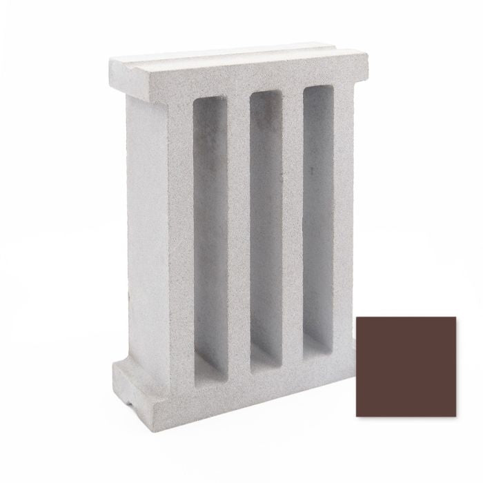 Taz Sample by New York Cement Tile: gray breeze block with three vertical openings, shown beside a dark brown swatch.