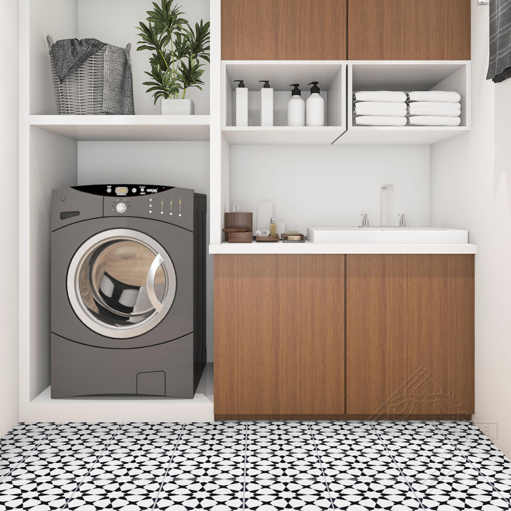 Modern laundry room with a washing machine, sink, wooden cabinets, and N20-271 White & Black tile by New York Cement Tile.