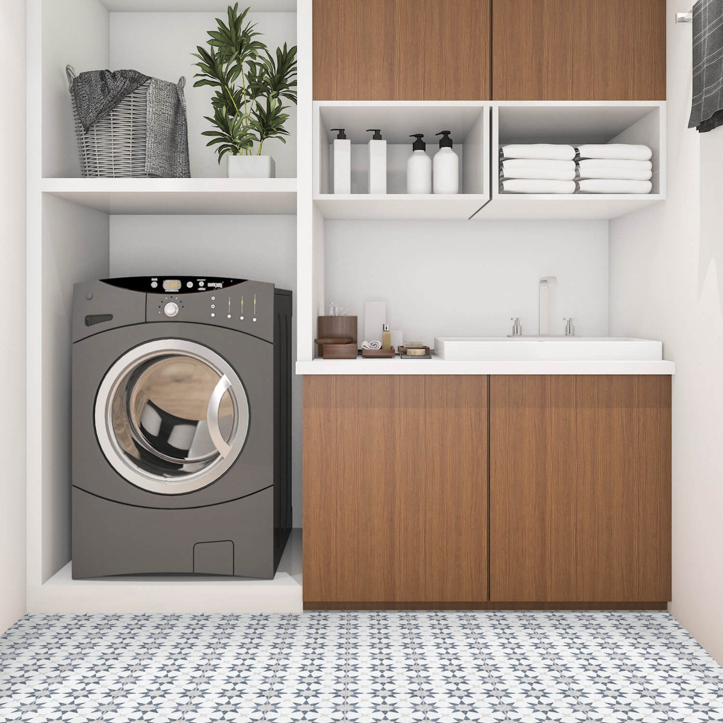 Modern laundry room with a front-loading washer, sink, wood cabinets, towels, and NT20-271 tile by New York Cement Tile.
