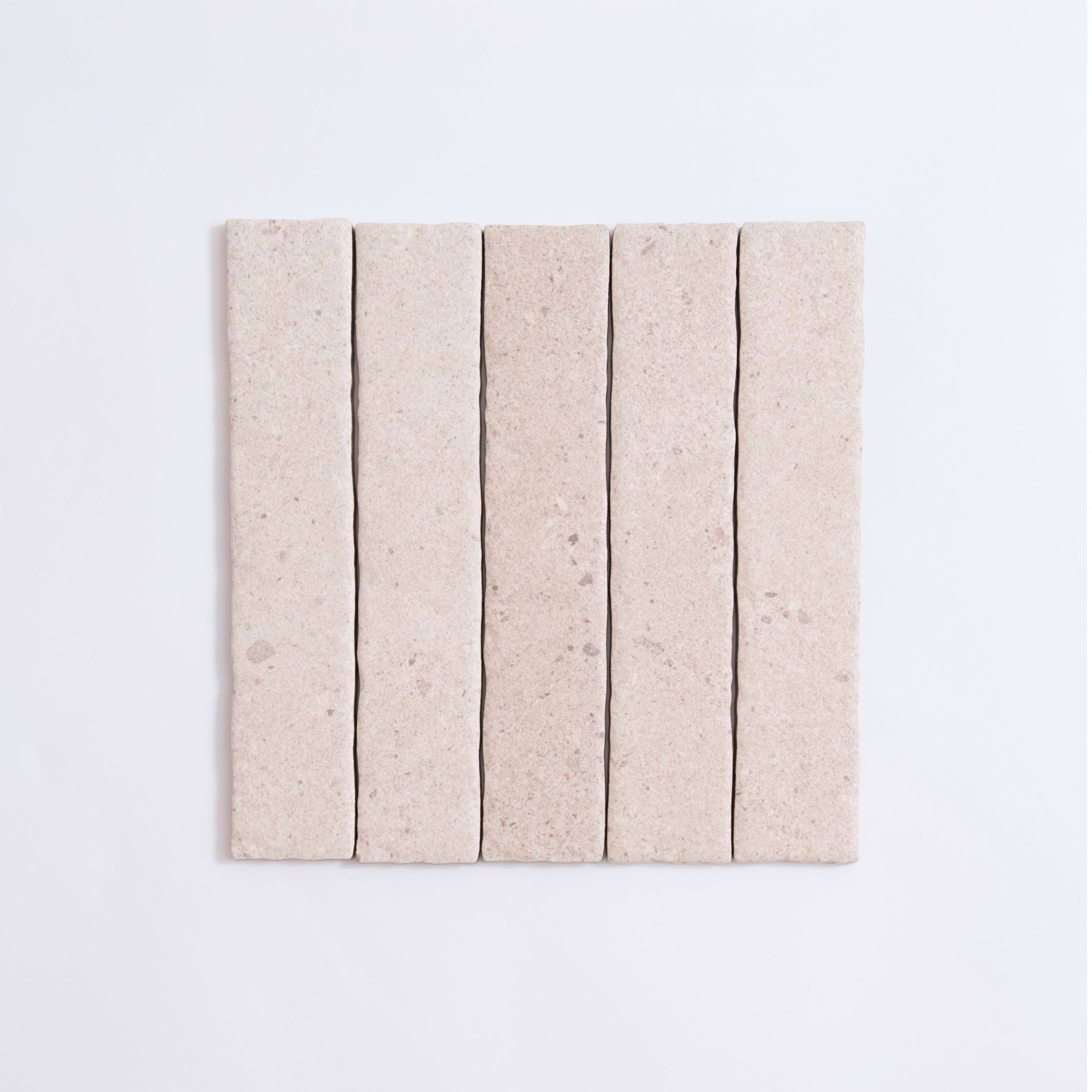 Five Toba Taupe R11 sample tiles by Toba are arranged vertically in a neat row on a white background.