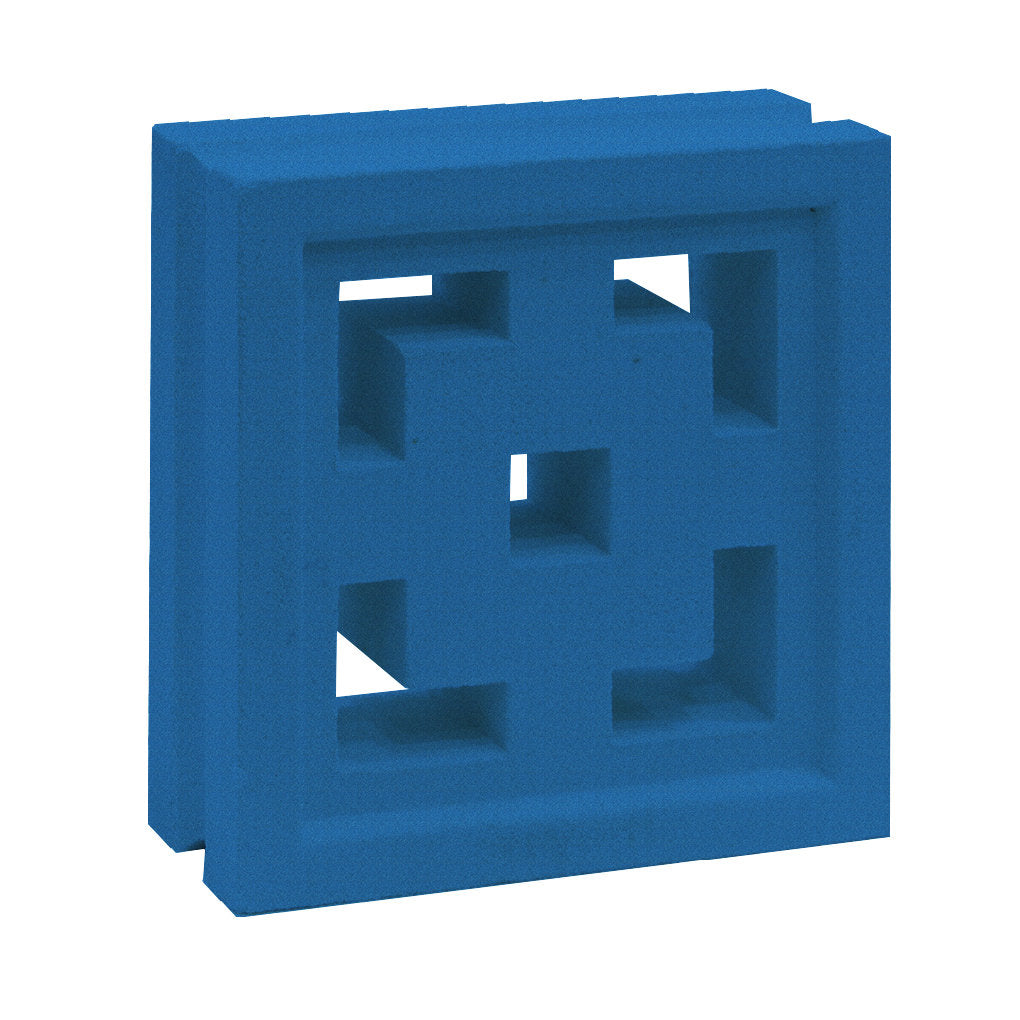 The Tong by New York Cement Tile is a blue breeze block with geometric cutouts, ideal for mid-century modern partitions.
